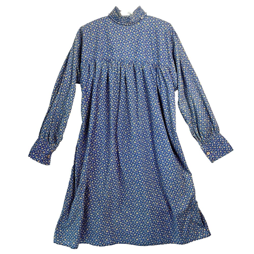 VTG unbranded Cottage Prairie Blue‎ Tent Smock Dress Ditzy floral poppies Med